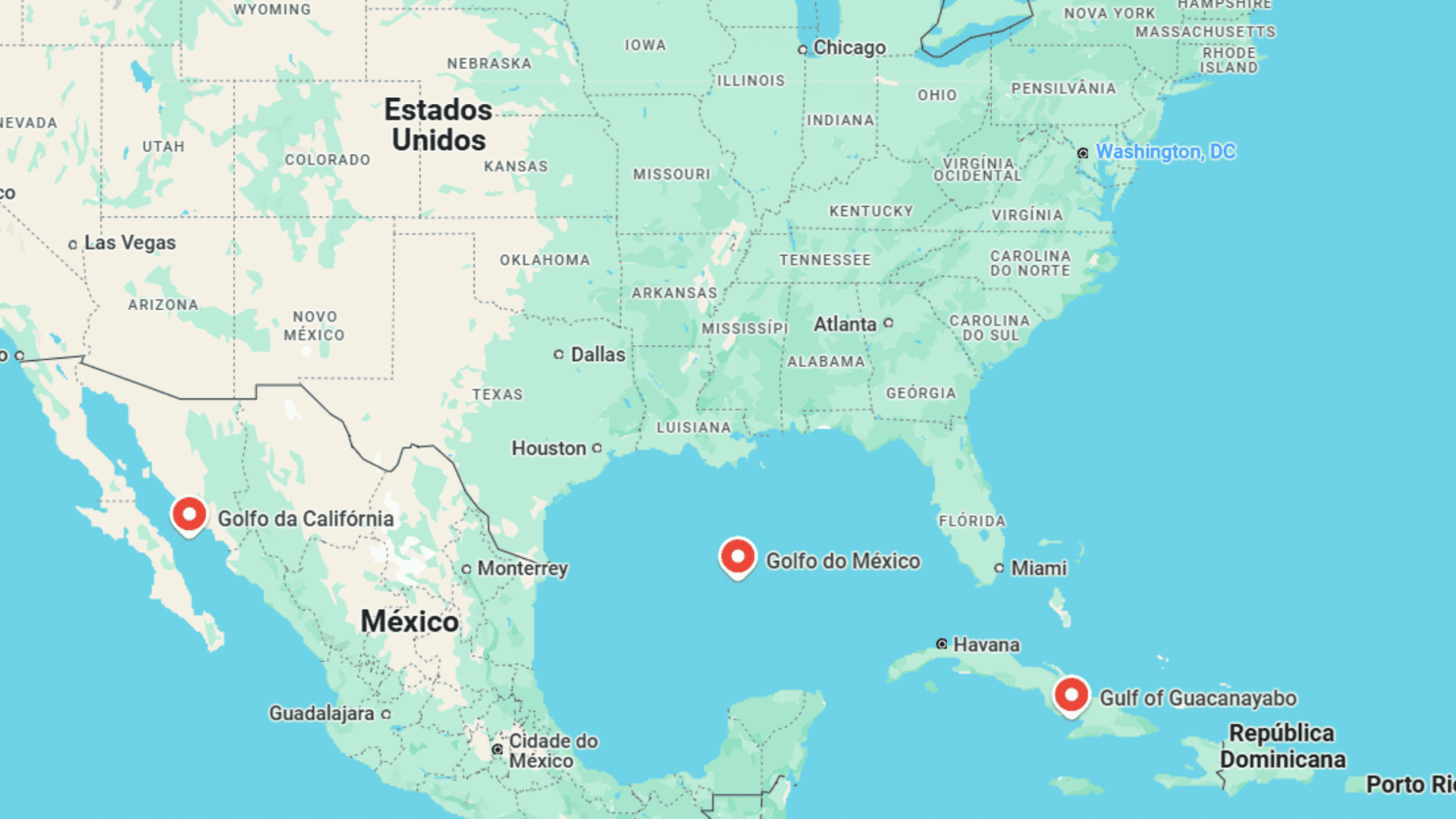 imagem mostra uma captura de tela feita no google maps e que ilustra a américa do norte