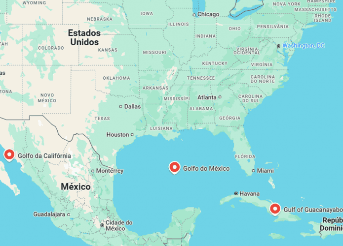imagem mostra uma captura de tela feita no google maps e que ilustra a américa do norte