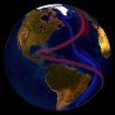 Ilustração de correntes do Oceano Atlântico numa imagem da Terra vista do espaço