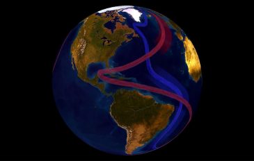 Ilustração de correntes do Oceano Atlântico numa imagem da Terra vista do espaço