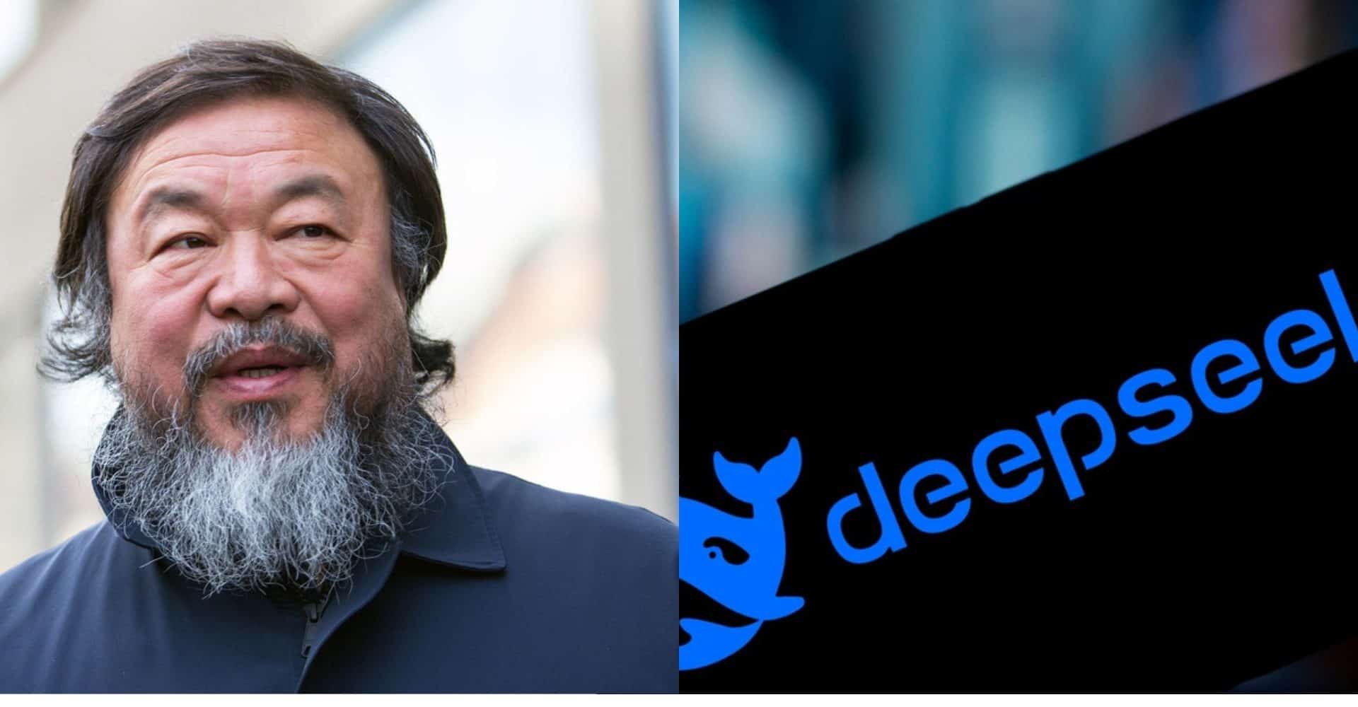 Imagem mostra montagem entre artistia dissidente Ai WeiWei e IA chinesa DeeoSeek.