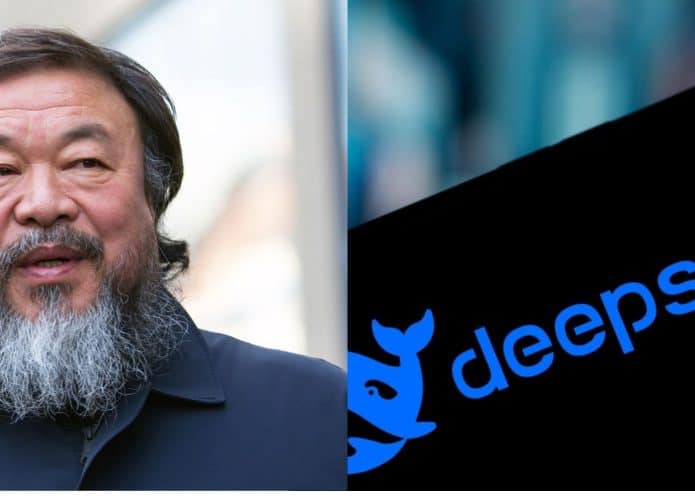 Imagem mostra montagem entre artistia dissidente Ai WeiWei e IA chinesa DeeoSeek.