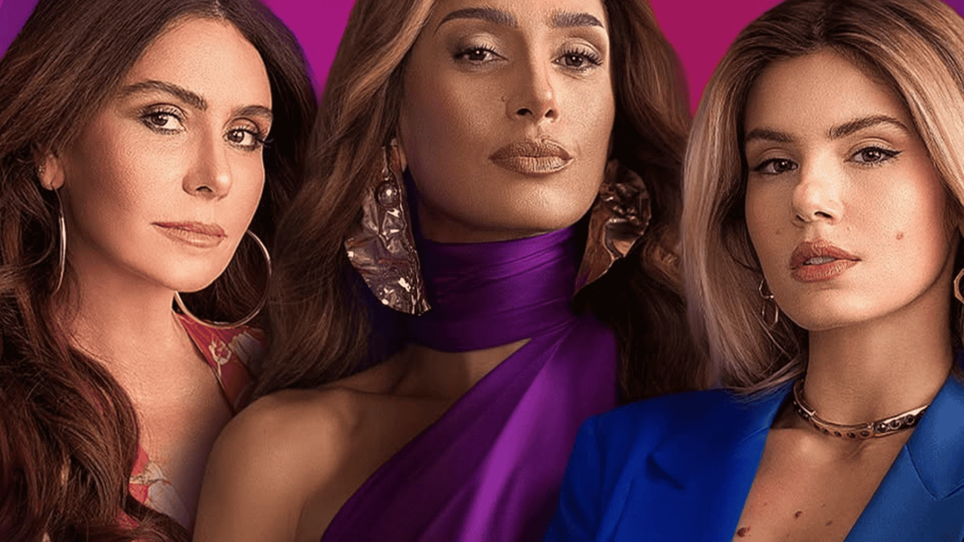Três mulheres olhando para frente. em um fundo rosa.