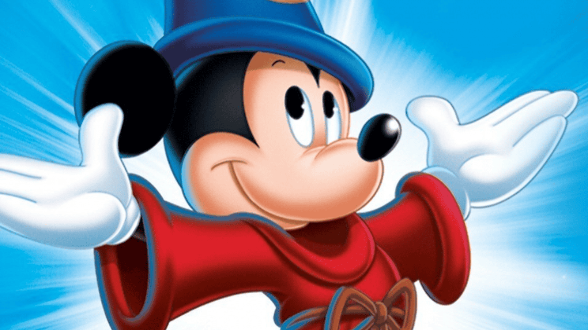 Mickey Mouse com uma cartola de mágico e um roupão vermelho