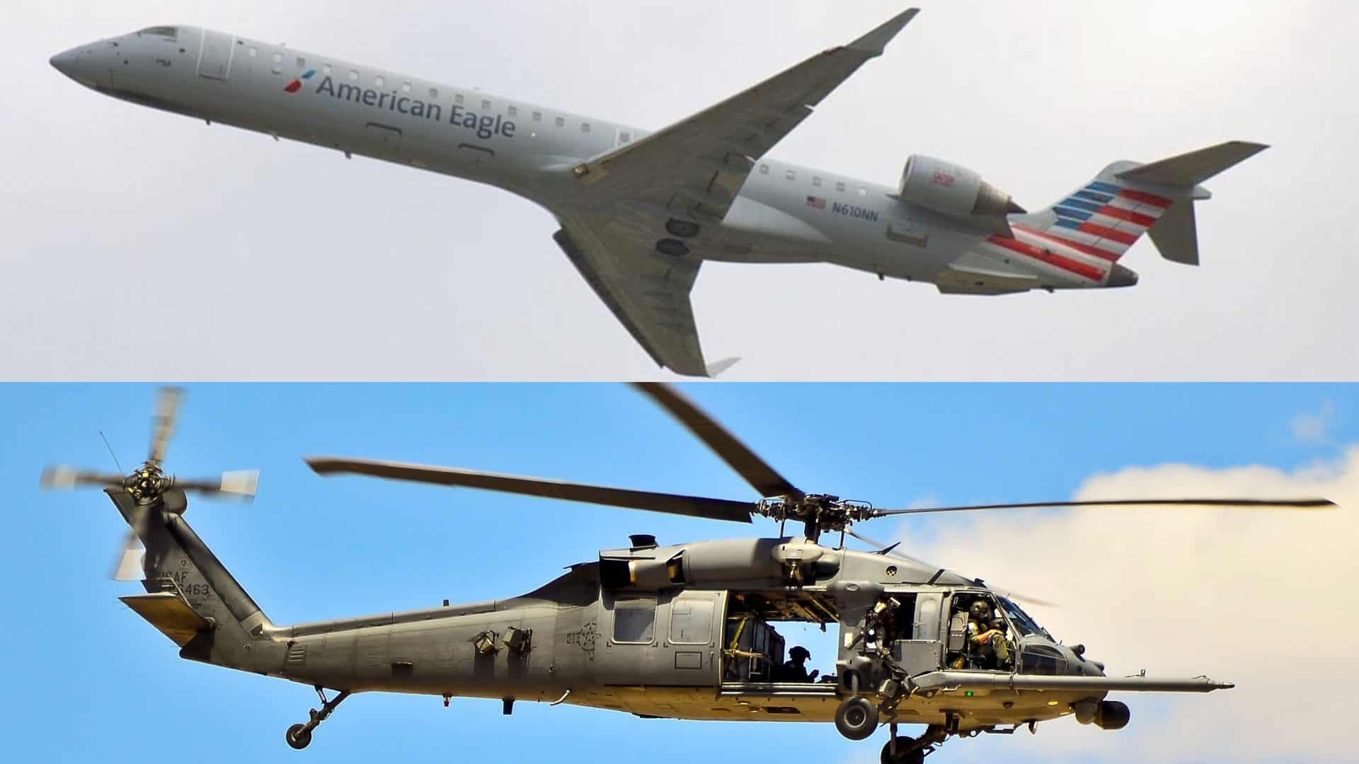 Montagem com imagens de modelos de avião da American Airlines e helicóptero militar envolvidos em acidente em Washington
