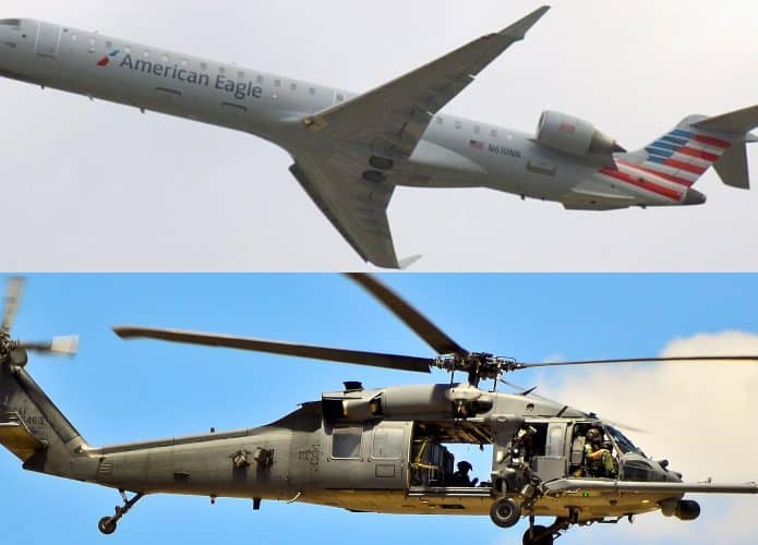 Montagem com imagens de modelos de avião da American Airlines e helicóptero militar envolvidos em acidente em Washington