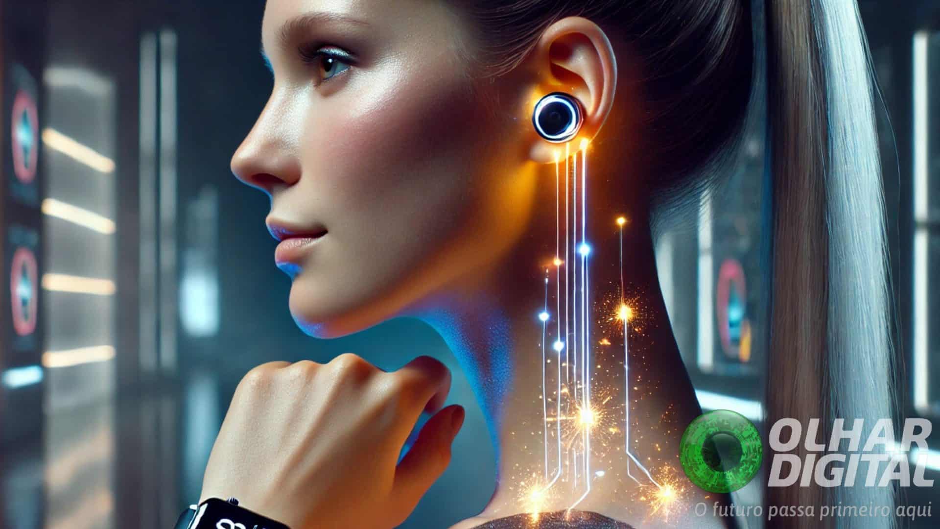 Ilustração de moça usando dispositivos como um smartwatch e um brinco com LED, todos energizados sem fio, mostrando pequenos pulsos elétricos passando pela pele