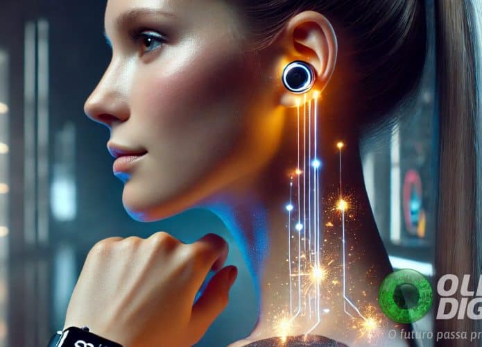 Ilustração de moça usando dispositivos como um smartwatch e um brinco com LED, todos energizados sem fio, mostrando pequenos pulsos elétricos passando pela pele