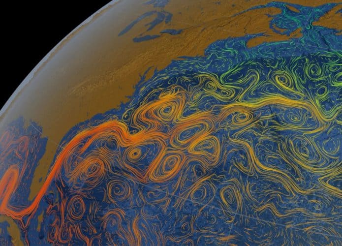 Ilustração de correntes do Oceano Atlântico numa imagem da Terra vista do espaço