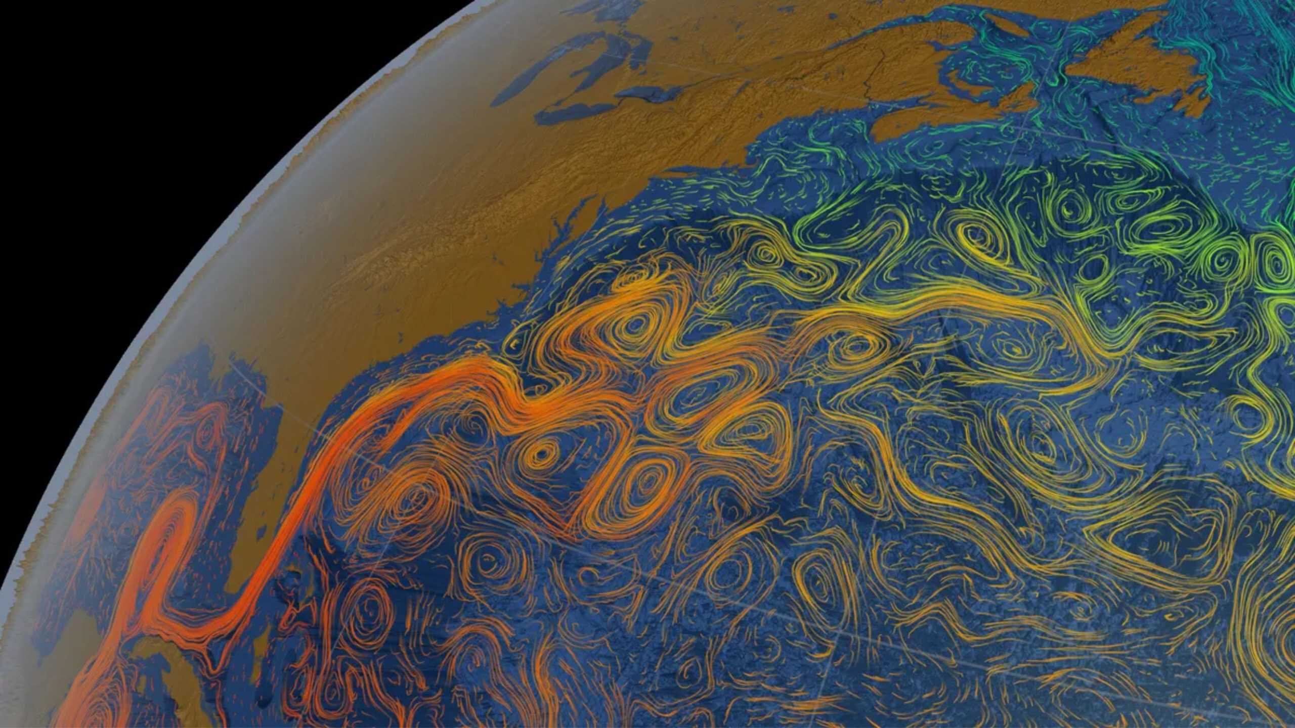 Ilustração de correntes do Oceano Atlântico numa imagem da Terra vista do espaço