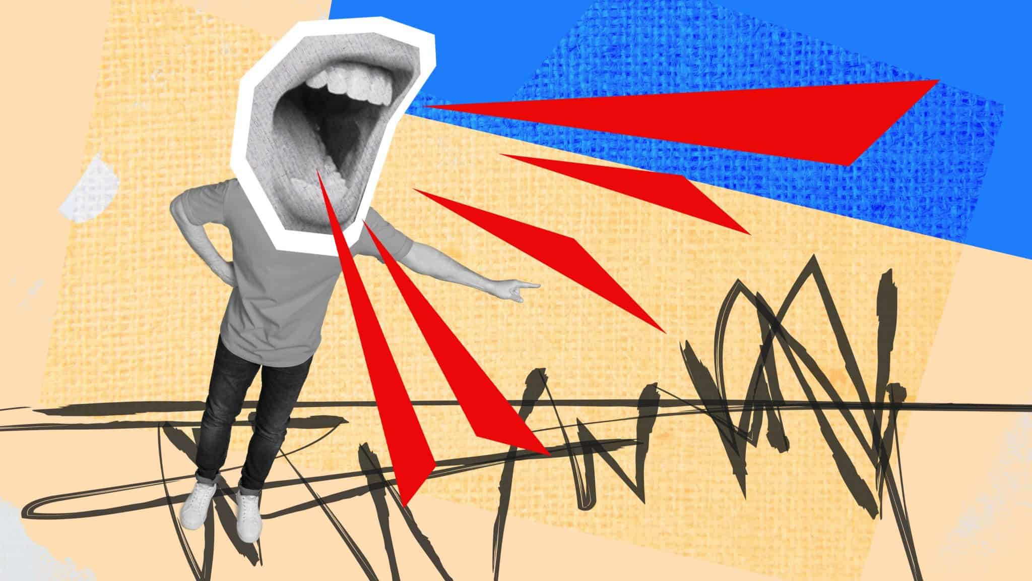 Ilustração estilo colagem sobre discurso de ódio com boca gigante no lugar da cabeça de uma pessoa