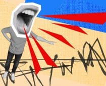 Ilustração estilo colagem sobre discurso de ódio com boca gigante no lugar da cabeça de uma pessoa