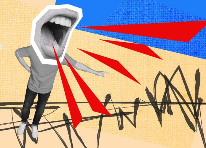 Ilustração estilo colagem sobre discurso de ódio com boca gigante no lugar da cabeça de uma pessoa