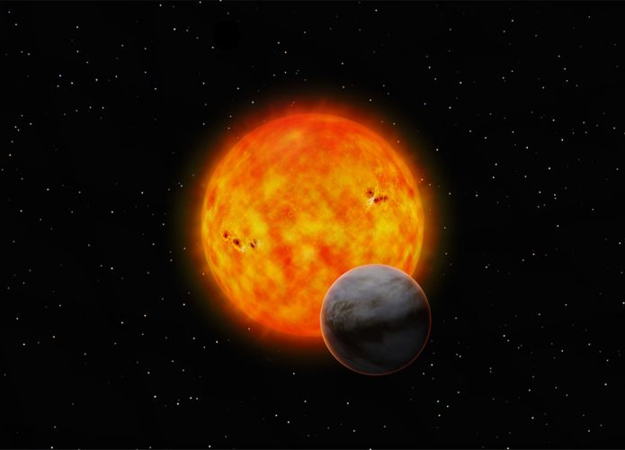 Ilustração de exoplaneta super-Venus orbitando estrela que parece o Sol
