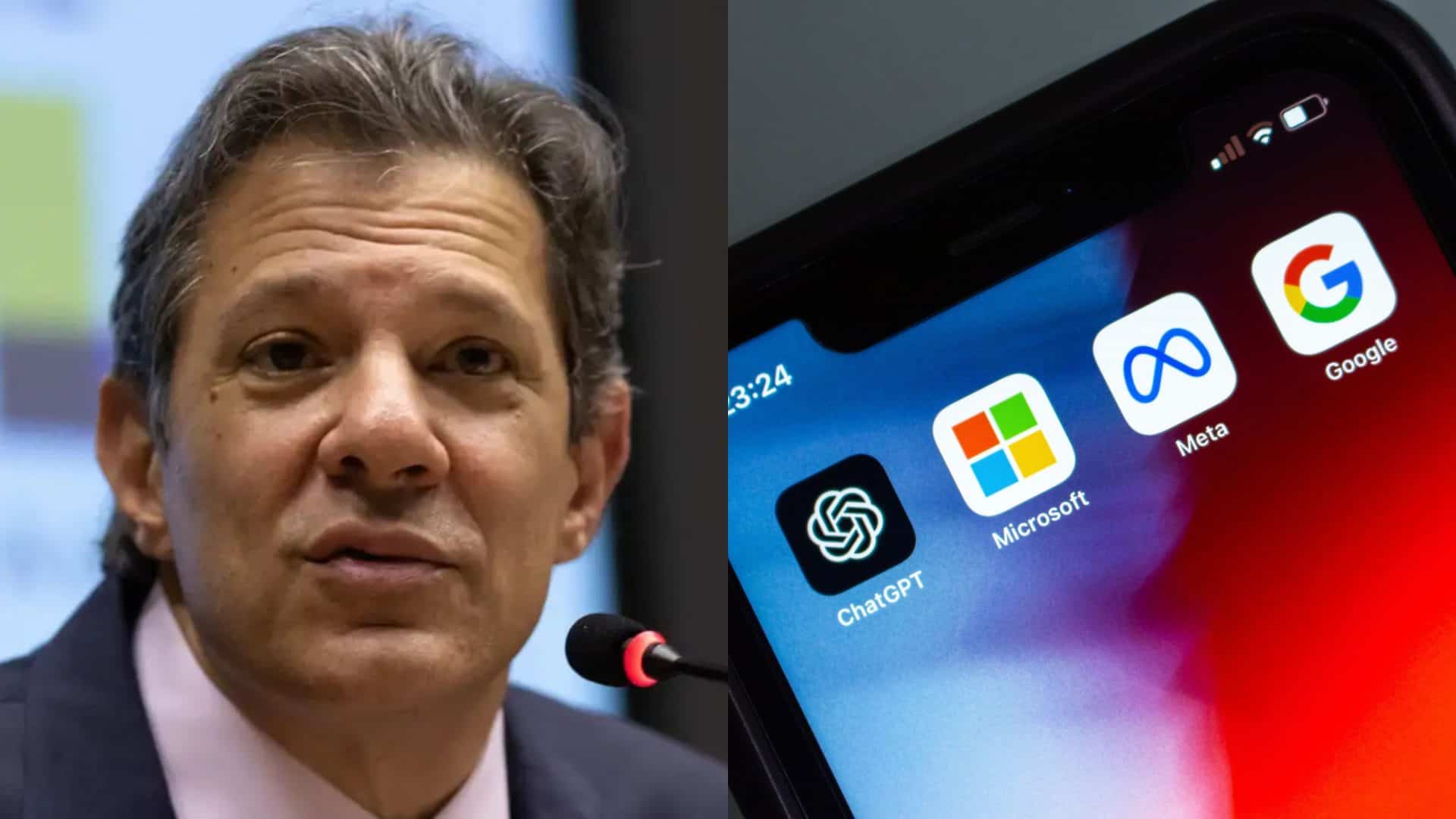 Montagem com fotos do ministro da Fazenda, Fernando Haddad, e de ícones do ChatGPT, da Microsoft, da Meta e do Google na tela inicial de um iPhone