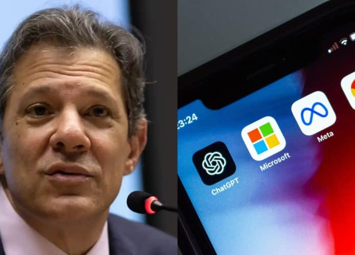 Montagem com fotos do ministro da Fazenda, Fernando Haddad, e de ícones do ChatGPT, da Microsoft, da Meta e do Google na tela inicial de um iPhone