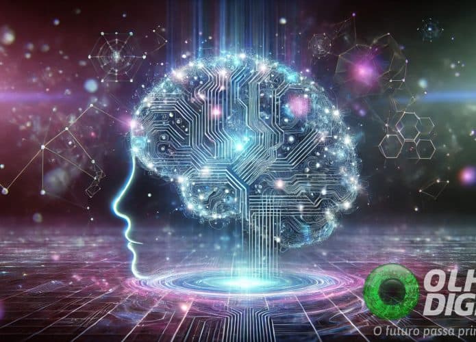 Ilustração digital de de inteligência artificial em forma de um cérebro humano estilizado com circuitos eletrônicos brilhando em azul, flutuando em um ambiente surreal de grades quânticas e partículas entrelaçadas