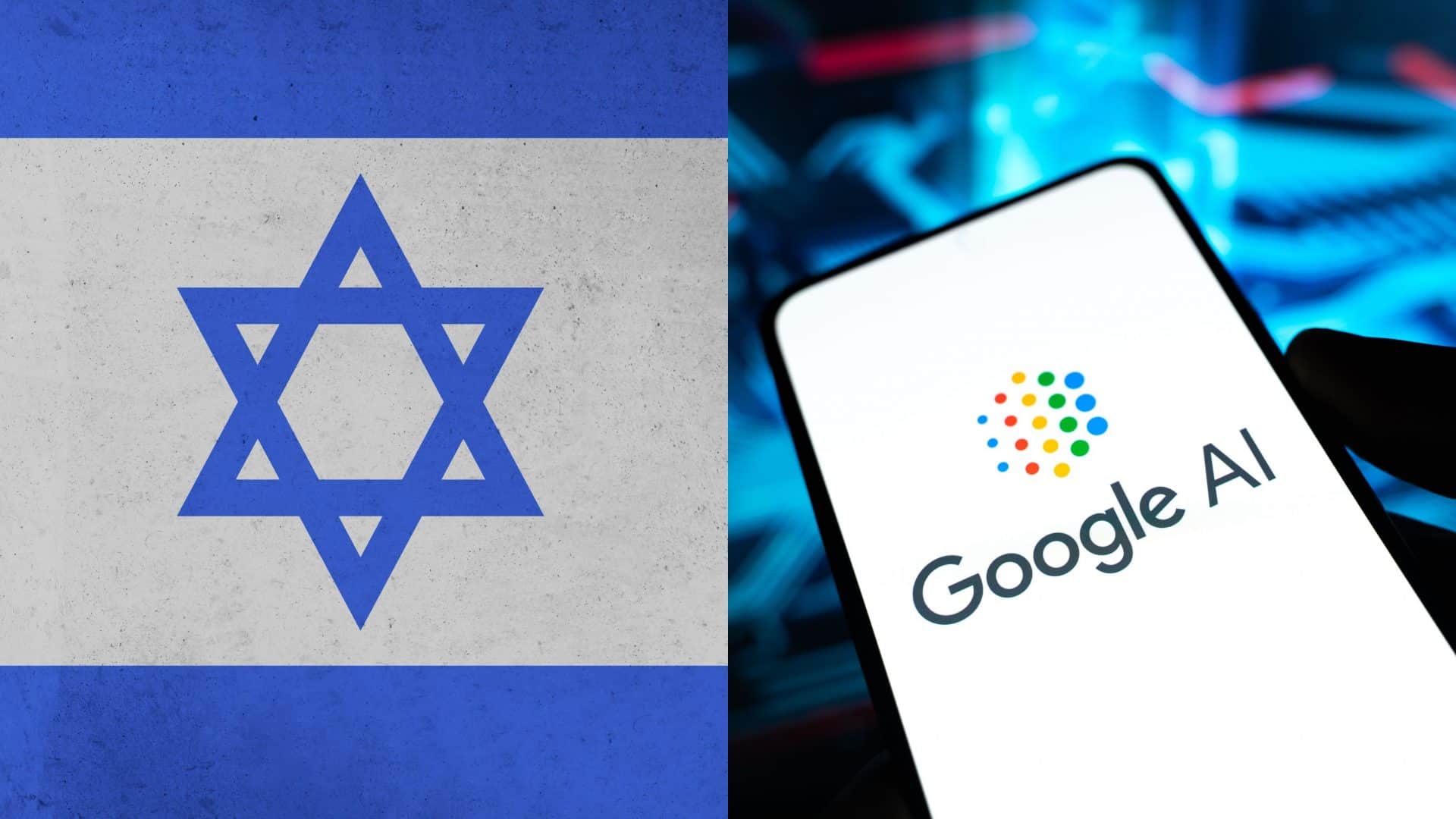Montagem com imagens de bandeira de Israel e de celular com logomarca da IA do Google na tela