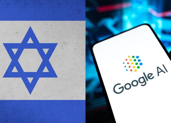Montagem com imagens de bandeira de Israel e de celular com logomarca da IA do Google na tela