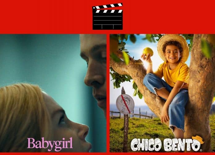 Montagem com pôsteres de Babygirl e Chico Bento, dois dos lançamentos de filmes da semana no cinema