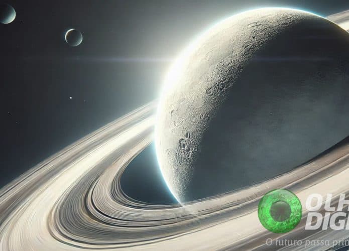 Ilustração de lua da Terra, com grandes anéis luminosos semelhantes aos de Saturno, capturada de uma perspectiva próxima, mostrando crateras detalhadas e as sombras dos anéis projetadas na superfície lunar
