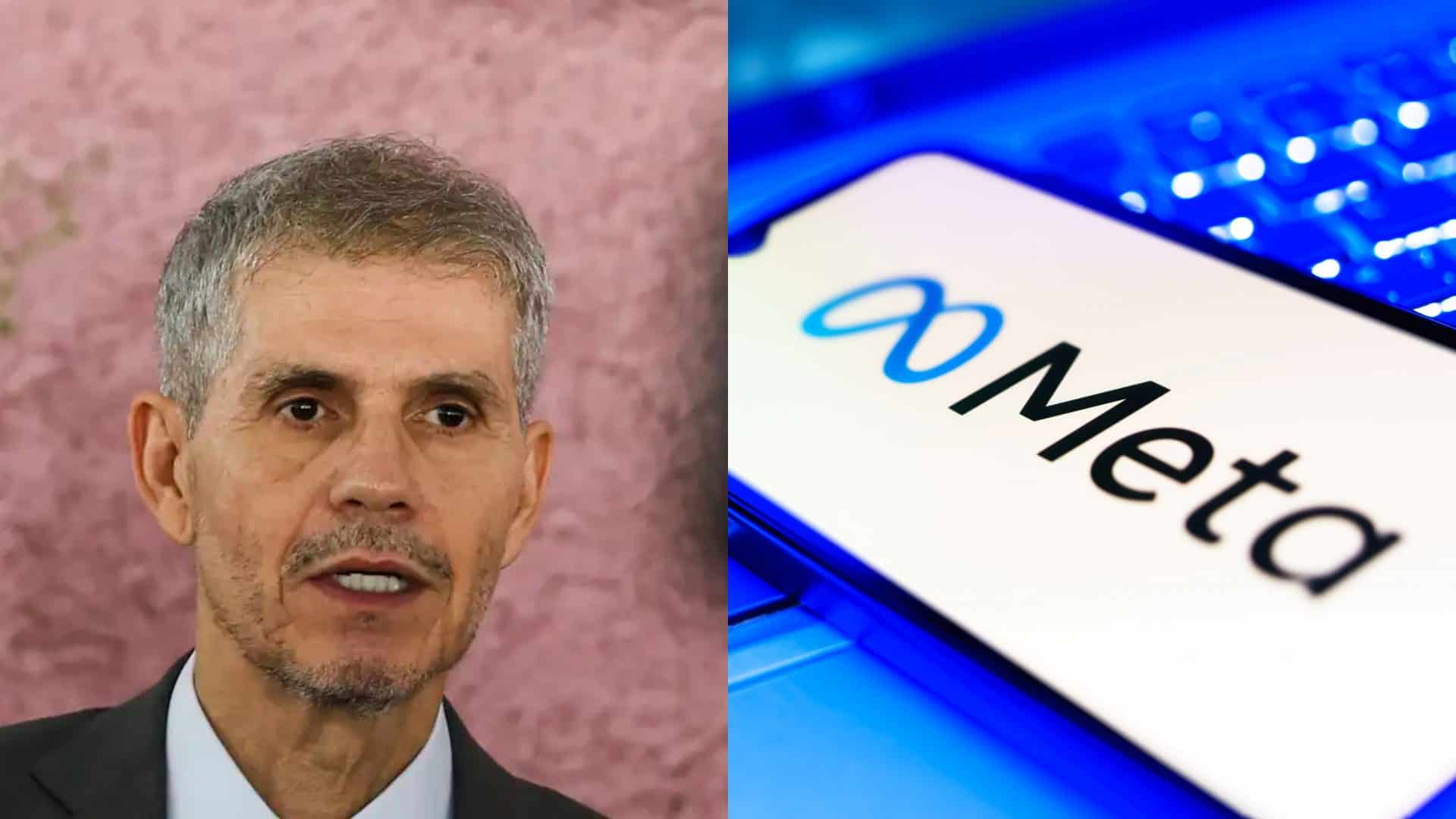Montagem com fotos de Sidônio Palmeira, novo ministro da Comunicação, e de celular com logomarca da Meta na tela