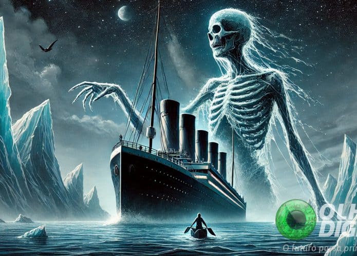 Ilustração de espírito gigante e esquelético de múmia atrás de Titanic enquanto navio passa entre icebergs no oceano