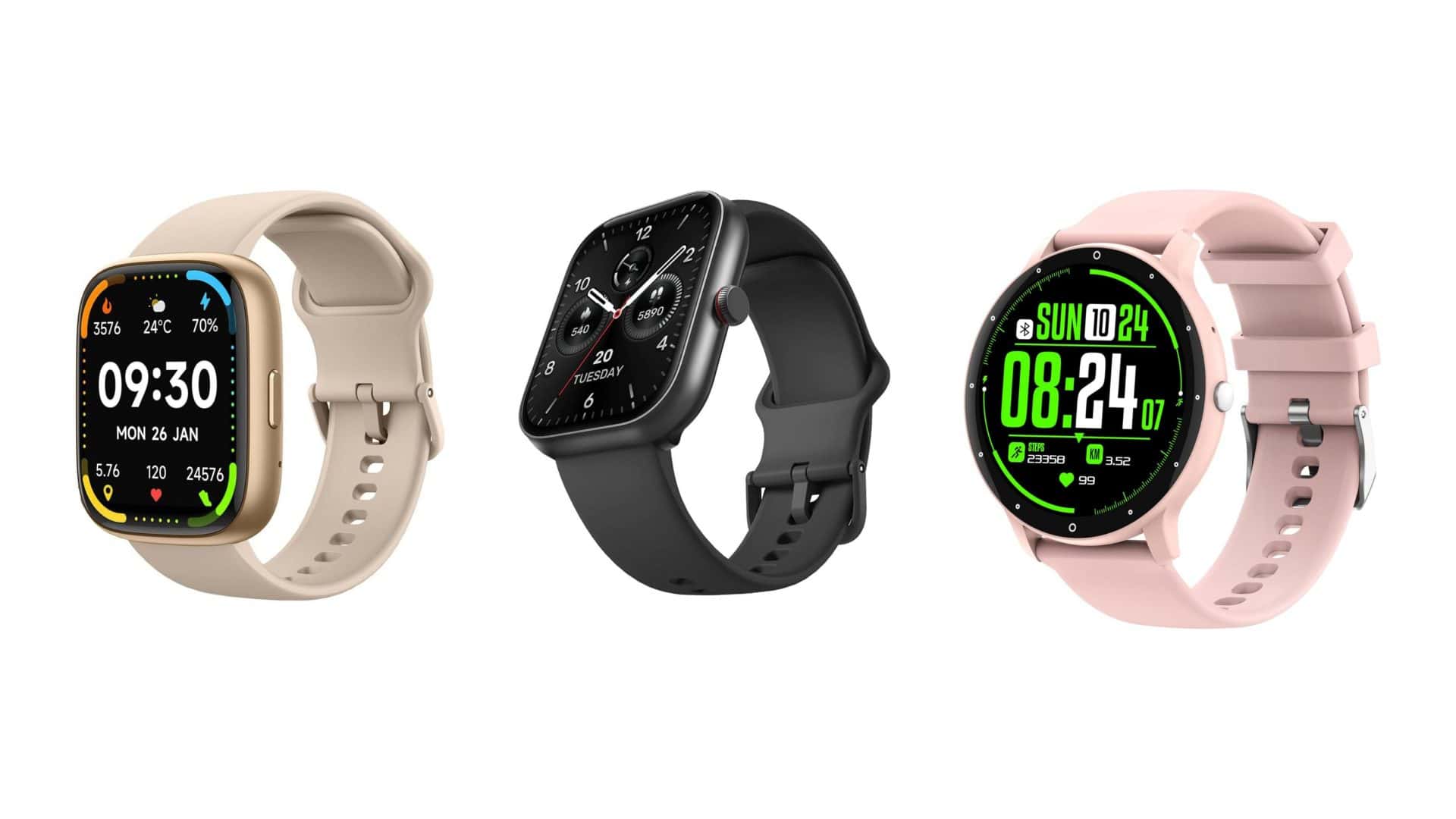 Montagem com modelos de smartwatch em promoção na Amazon