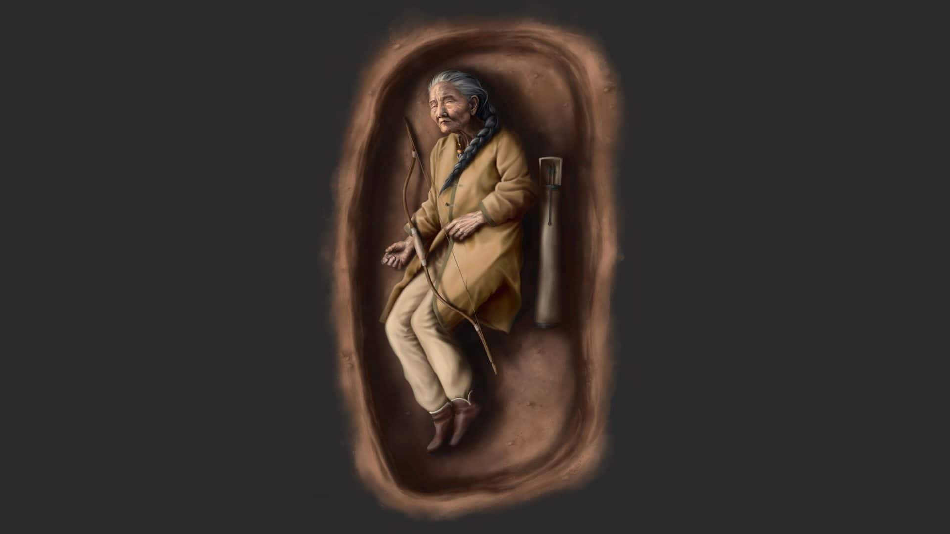Ilustração de mulher enterrada com arco há mais de mil anos na Hungria