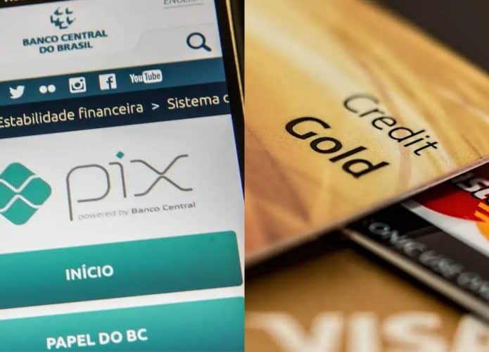 Montagem com fotos de página sobre Pix no site do Banco Central aberta num celular e de cartões de crédito colocados um em cima do outro