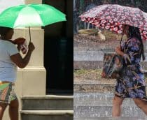 Montagem com fotos de mulheres – uma debaixo de sombrinha em dia quente e outra debaixo de guarda-chuva em dia chuvoso