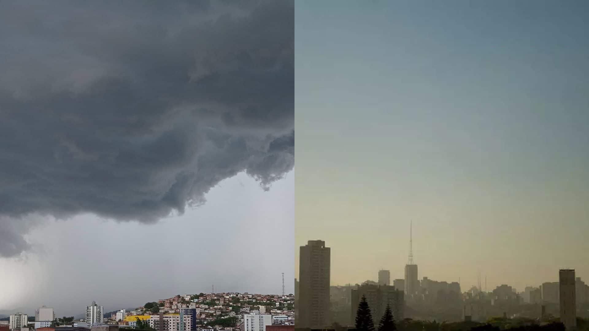 Montagem com imagens de temporal armado sobre cidade e prédios de cidade vistos de longe em dia quente com céu sem nuvens