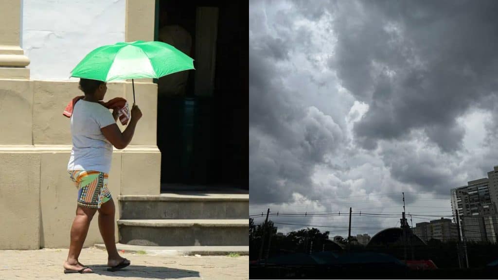 Montagem com fotos de mulher andando com sombrinha em dia quente e ensolarado e de céu com nuvens bem carregadas de chuva