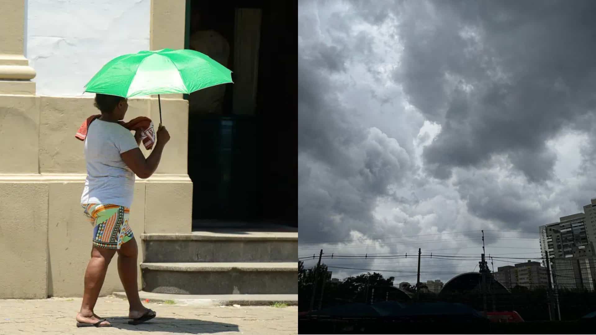 Montagem com fotos de mulher andando com sombrinha em dia quente e ensolarado e de céu com nuvens bem carregadas de chuva