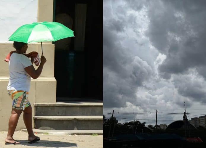 Montagem com fotos de mulher andando com sombrinha em dia quente e ensolarado e de céu com nuvens bem carregadas de chuva