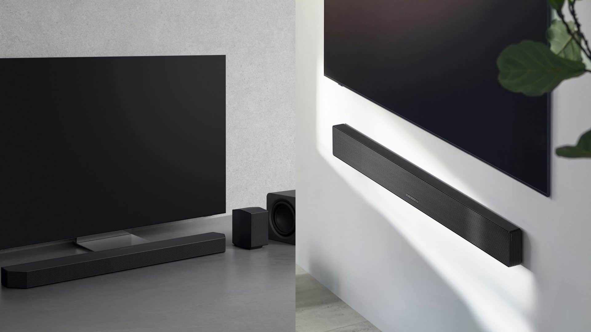 Montagem com fotos dos modelos de soundbar da Samsung HW-Q990F e HW-QS700F instalados em TVs da marca