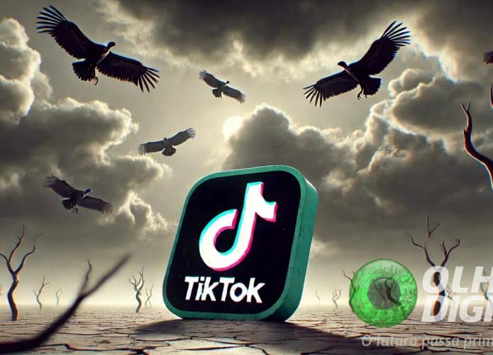 Ilustração de ícone do TikTok meio tombado no deserto enquanto abutres voam em círculos sobre ele