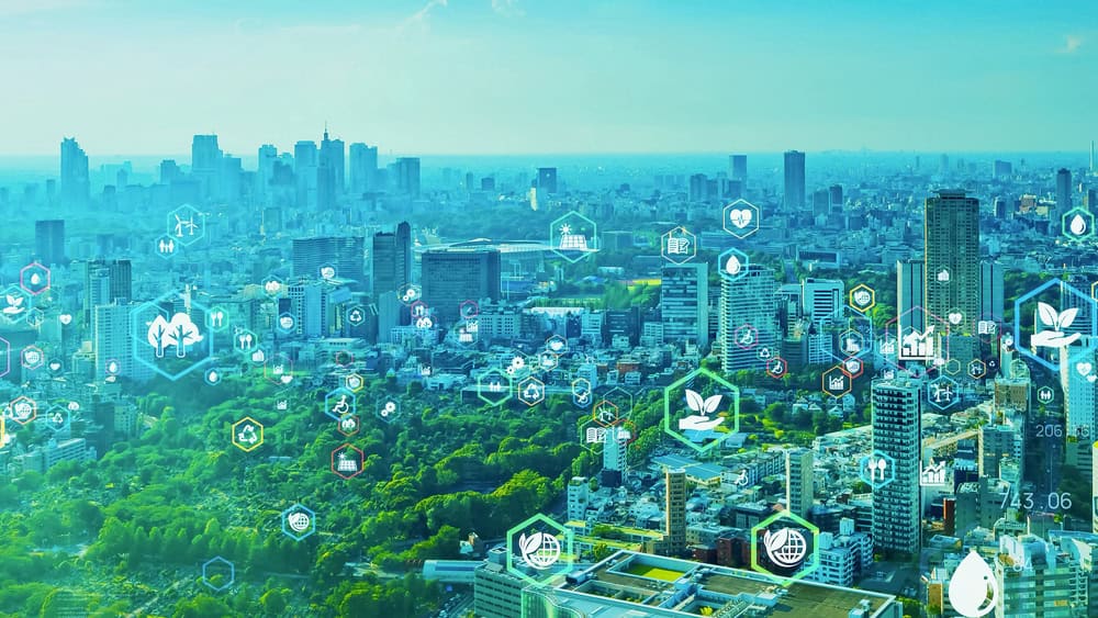 Imagem gerada por IA mostra cidade futurista sustentável.