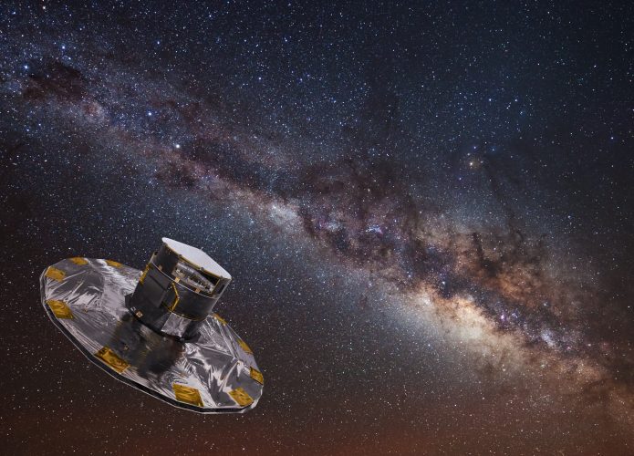 Nave Gaia no espaço com a Via Láctea no fundo