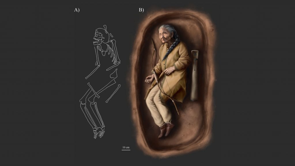 Ilustração de mulher enterrada com arco há mais de mil anos na Hungria e da sua ossada