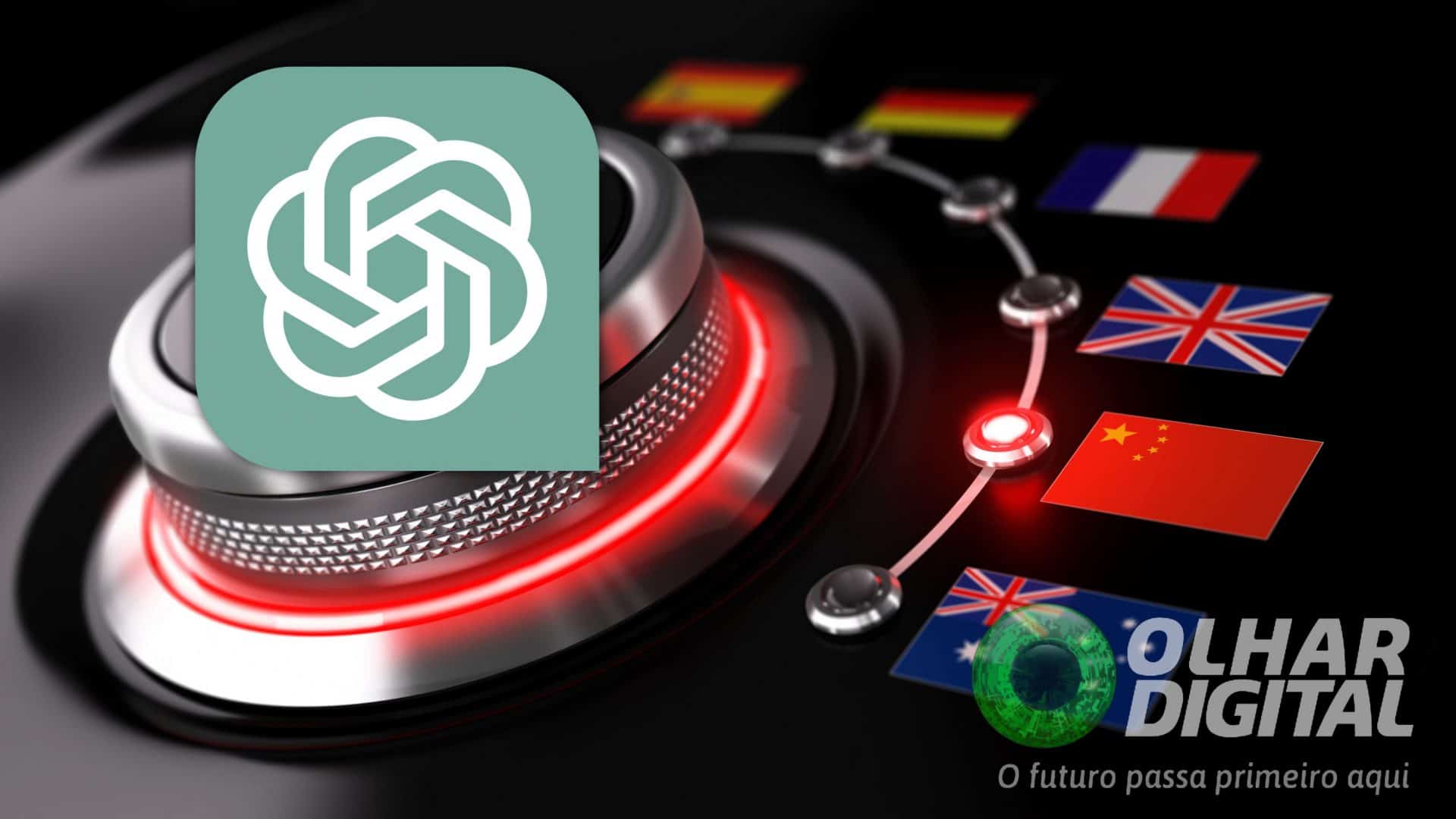 Montagem com logomarca do ChatGPT colocada sobre botão seletor de idiomas
