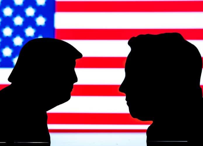 Silhuetas de Donald Trump e Elon Musk; ao fundo, a bandeira dos Estados Unidos