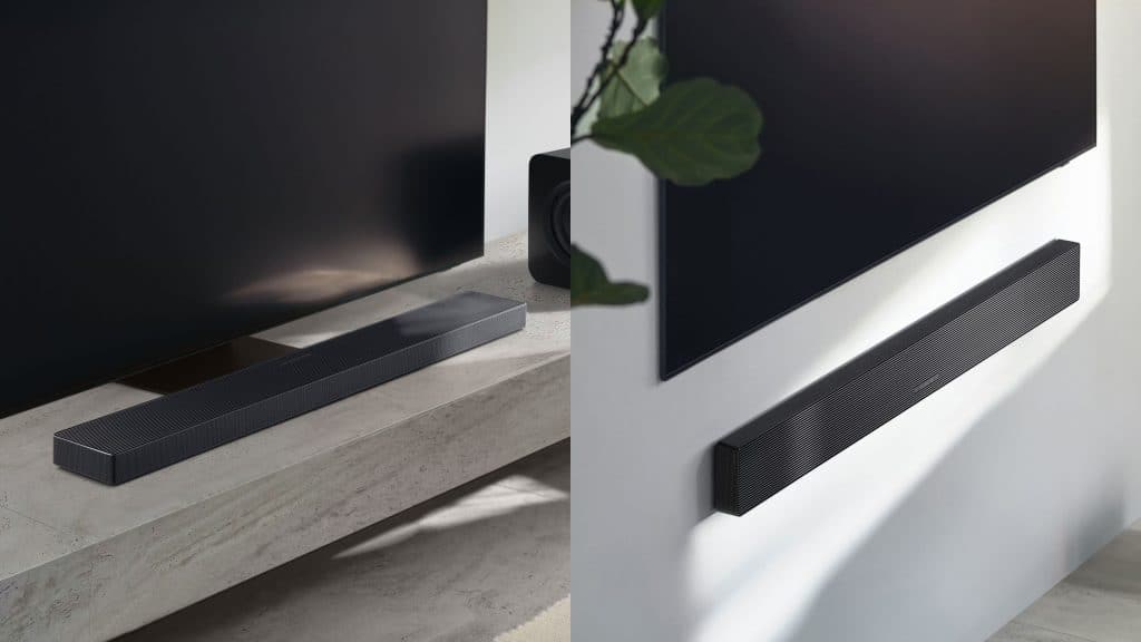 Montagem com fotos de modelo de soundbar HW-QS700F da Samsung em móvel e na parede