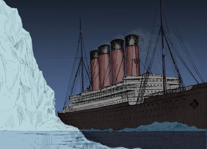 Ilustração de Titanic passando do lado de icerberg no oceano