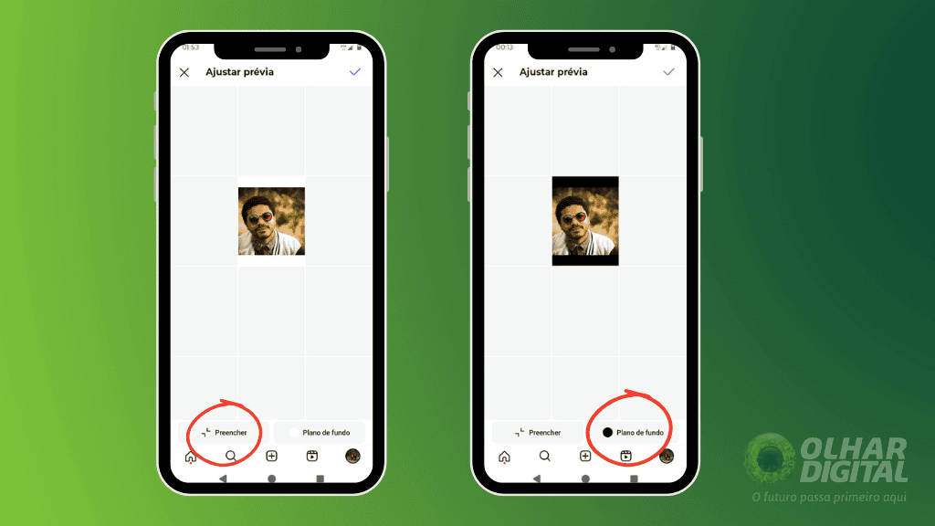 Ilustração de dois smartphones com a tela exibindo o Instagram sobre um fundo verde degradê. No canto inferior direito, há o logotipo do Olhar Digital.