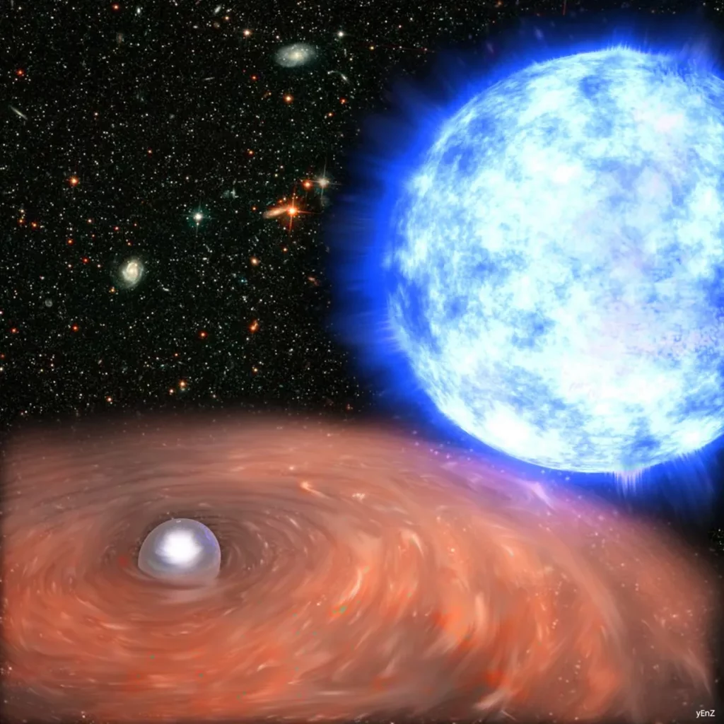 Um redemoinho laranja com uma esfera branca em seu coração ao lado de uma esfera azul brilhante