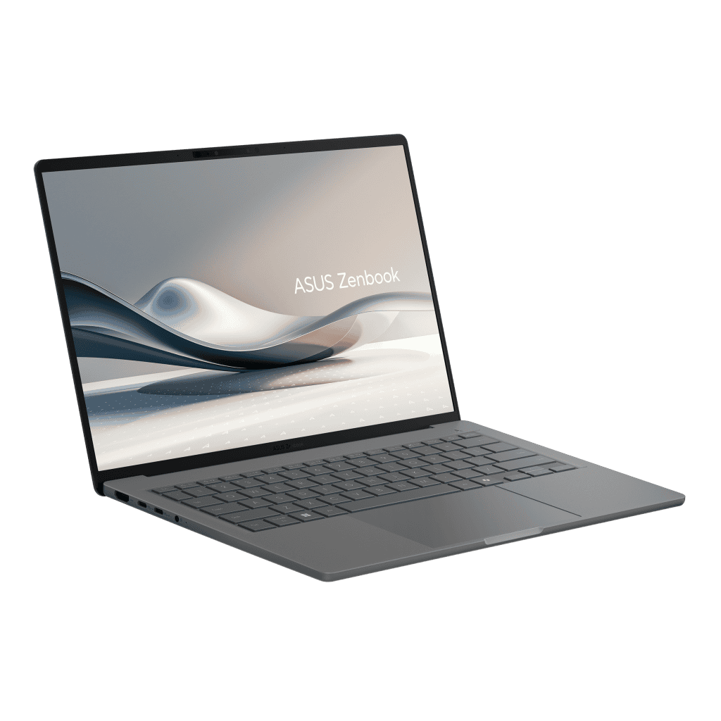 Asus Zenbook A14 meio de lado e aberto