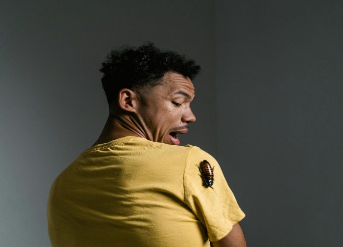 Imagem mostra barata subindo pelo braço de um homem assustado