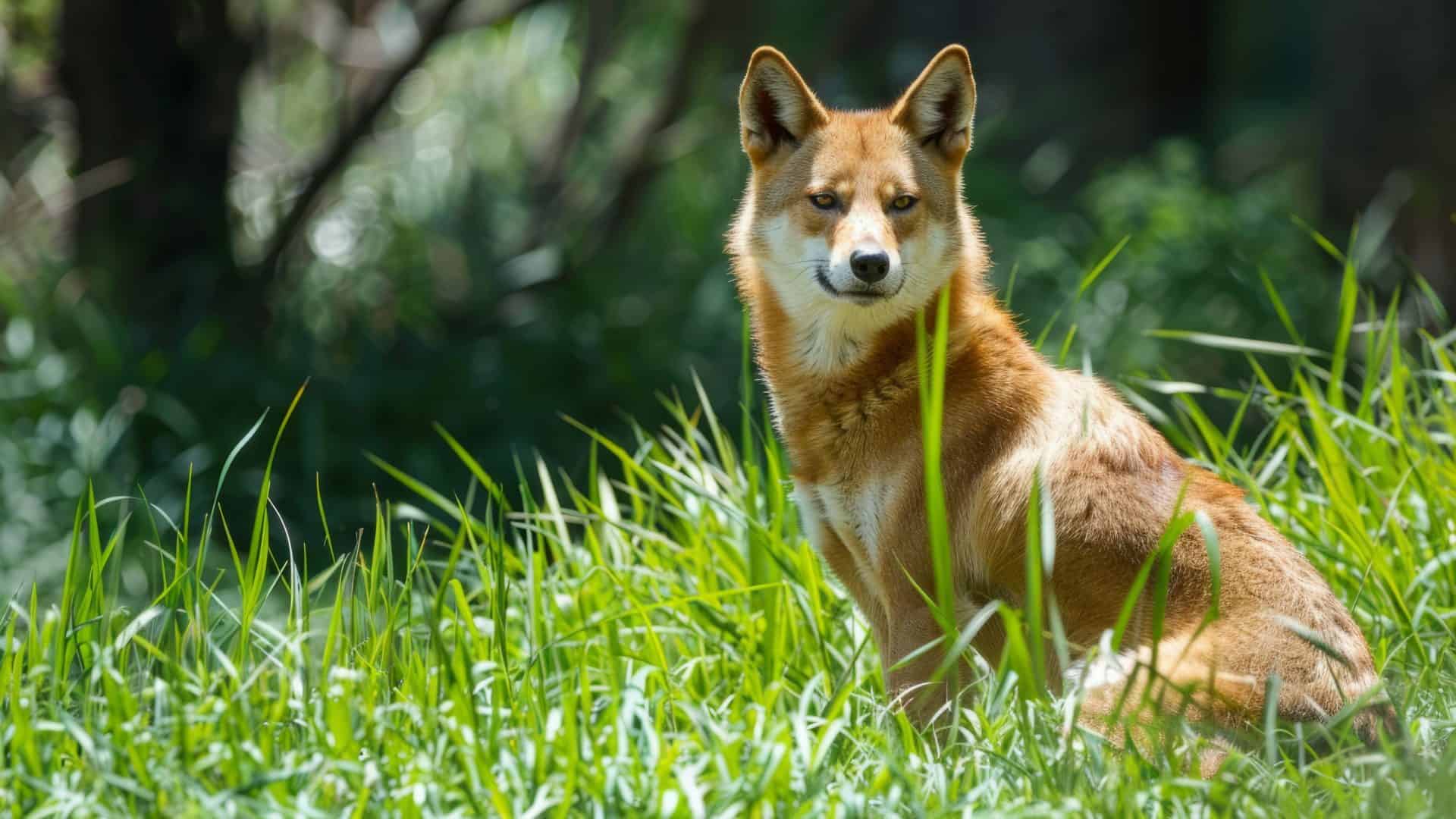 Dingo australiano sentado em meio à vegetação
