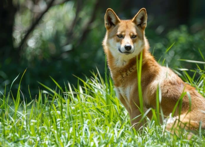 Dingo australiano sentado em meio à vegetação